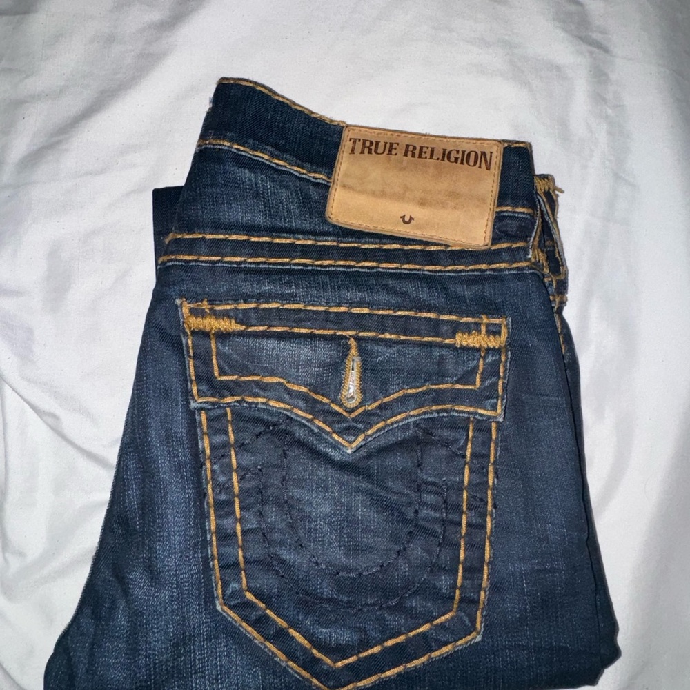 True Religion Blue Straight Jeans with Contrast Stitching